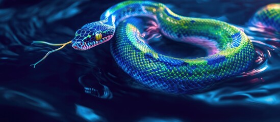 Vibrant fluorescent boa snake swimming in water showcasing unique blue and green patterns with space for text in an endangered species context