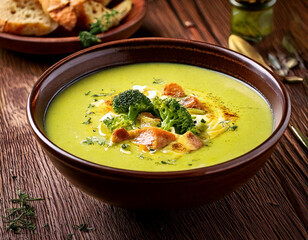a bowl of smoked gouda broccoli soup on a wooden table
