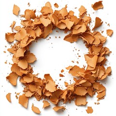 Circular Arrangement of Wooden Shavings on White Background Creating a Natural Texture Frame