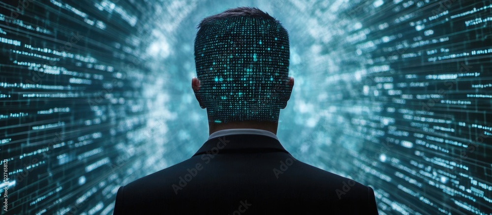 Poster businessman observing digital data flow representing technology privacy and artificial intelligence 