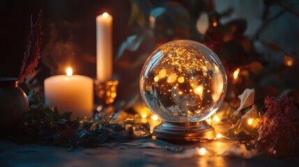 Enchanting Crystal Ball Surrounded by Candlelight and Fairy Lights on a Mystical Evening Table Setting