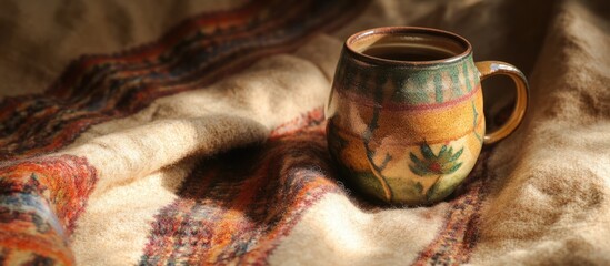 Morning sunlight illuminating a festive mug on a vintage blanket with a soft focus for customizable text area