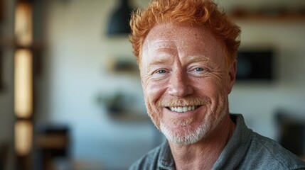 Smiling senior man with red hair portrait in cozy home setting offering friendly expression and ample space for text or branding.