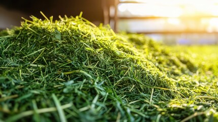 Close-up of fresh alfalfa hay for animal feed, against a rustic barn backdrop, symbolizing natural livestock nutrition.