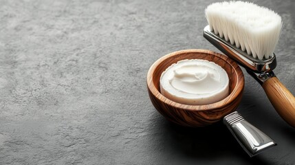 Shaving set featuring a straight razor, shaving soap in a wooden bowl, and a soft brush, vintage appeal