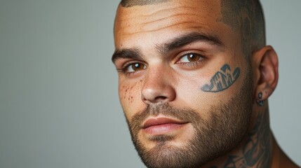 Fototapeta premium Confident man with shaved head and facial tattoos gazing intently at the camera showcasing unique personal style and expression.