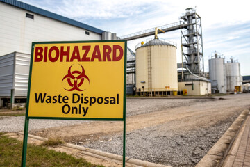 A yellow sign warns of biohazard waste disposal at an industrial site, highlighting safety and environmental concerns.