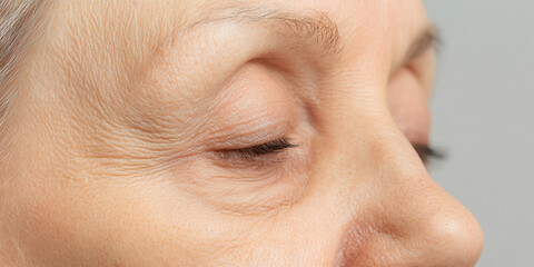 Obraz premium Close-up of Senior Woman's Face Showing Wrinkles Around Eyes and Nose