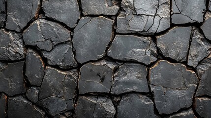 Fototapeta premium Broken dark gray bricks in a top view layout showcasing horizontal and angled design elements ideal for flooring, wall, and texture applications.