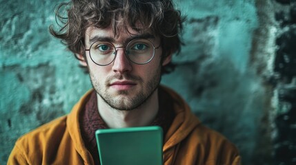 Young man with round glasses looking directly at the camera while holding a green tablet against a textured wall background.