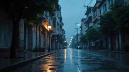 Obraz premium Rainy city street at night, with reflections on wet asphalt and illuminated by streetlights.