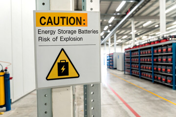 A caution sign warns about energy storage batteries and the risk of explosion in a warehouse setting.