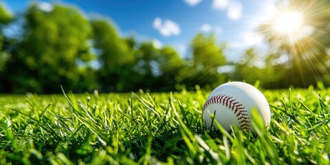 Baseball on Green Grass Under Blue Sky with Sunlight Reflection