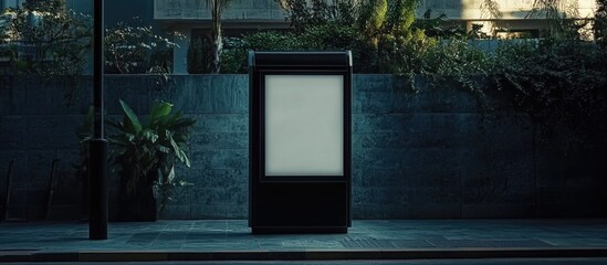 Blank black billboard mockup at bus stop surrounded by greenery vertical design template for advertising with empty copyspace for text
