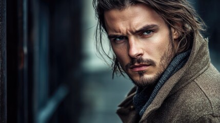 Fototapeta premium Stylish man with mullet hairstyle dressed in a coat showcasing a serious expression in an urban outdoor setting.