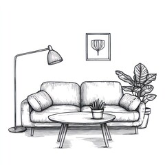 Hand Drawn Sketch of Living Room Sofa Table and Lamp