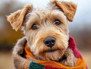 Lakeland Terrier posing with a plaid scarf, autumn warmth, cozy seasonal theme