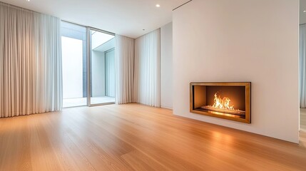 Fototapeta premium Modern minimalist living room with elegant fireplace and large glass windows for natural light