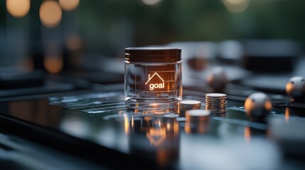 Transparent jar labeled "goal" with coins, symbolizing savings and financial planning. Ideal for wealth management and investment strategies.