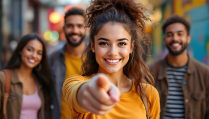 Smiling woman pointing towards you with friends in the background - invitation to join - suitable for social media, advertisements, and promotional materials