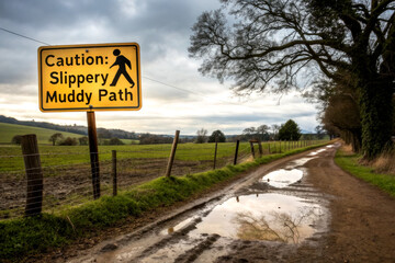 A countryside path sign warns of slippery and muddy conditions, surrounded by fields and trees under a cloudy sky.