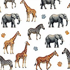 Obraz premium Colorful pattern of animals including elephants, giraffes, and zebras.