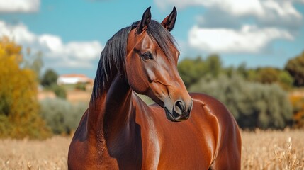 Obraz premium Majestic Pura Raza EspaÃ±ola Horse in Serene Natural Setting under Blue Sky and Fluffy Clouds