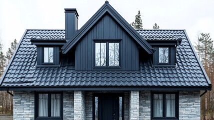 Obraz premium Modern Dark Gray House with Stone Facade and Metal Roof