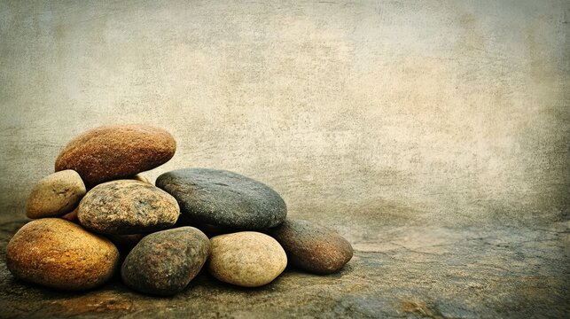 Textured background of natural rocks in earthy tones creating a calming and organic visual ideal for nature and wellness themes.