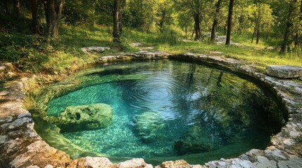 Natural spring water in a serene forest setting capturing tranquility and purity of nature with crystal clear reflections on the water surface.