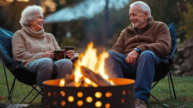 A fire has been started in the garden fire pit by an elderly couple. Elderly people sipping hot tea, unwinding, and observing flames.