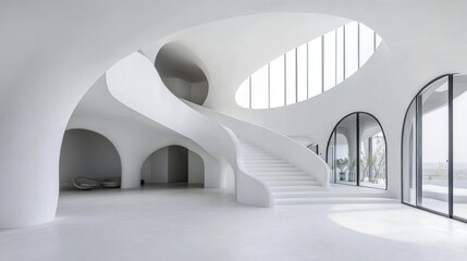 Obraz premium Modern Minimalist White Interior featuring Spacious Design and Elegant Curved Staircase