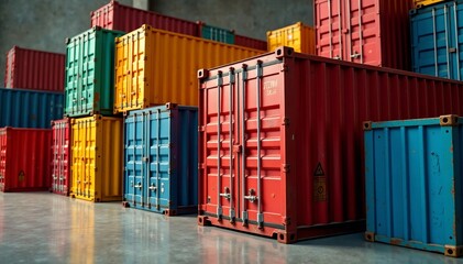 Fototapeta premium Colorful shipping containers stacked in a modern warehouse setting.