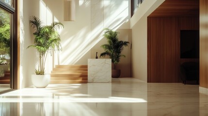 Modern villa interior design showcasing minimalist luxury with wooden accents and elegant marble flooring in a bright ambiance.