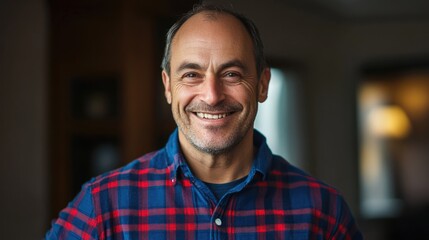 Obraz premium Smiling man in blue shirt with red plaid pattern exuding warmth and friendliness indoors in a softly lit environment.