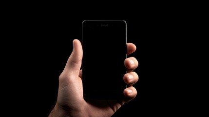 Hand holding a modern smartphone with a blank screen in a dark setting ideal for displaying apps or advertisements
