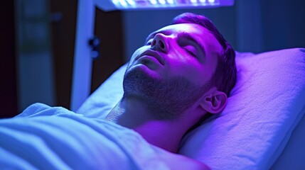 Man undergoing phototherapy treatment for atopic dermatitis in a clinical setting with focused light therapy application.