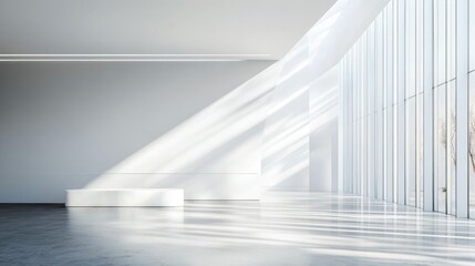 Obraz premium Bright minimalist lobby featuring high ceilings and natural light streaming through expansive windows, creating a serene ambiance.