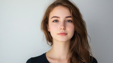 Natural Makeup Portrait of Young Woman with Long Hair Against Simple White Background
