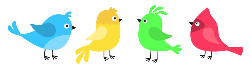 Bird icon set line. Cute kawaii cartoon funny baby character. Different color birds collection. Colorful sticker decoration print. Childish style. Flat design. Isolated. White background. Vector