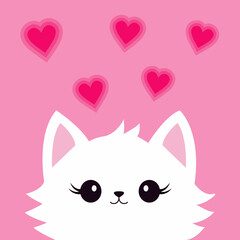 Cute white cat face head. Fluffy kitten girl. Pink hearts. Happy Valentines Day. Cartoon funny kitty character. Kawaii animal in love. Greeting card . Flat design. Pink background. Vector illustration