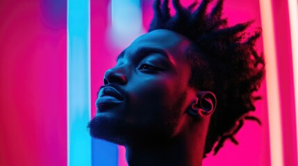 Futuristic portrait of a man illuminated by vibrant neon lights in a dark atmospheric setting