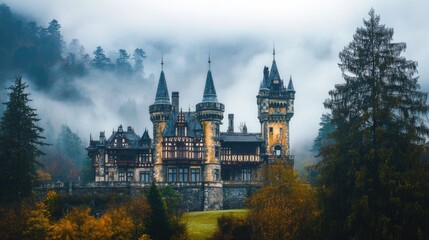 Fototapeta premium Enchanting Castle Turrets Rising Above Misty Forest Landscape at Dawn