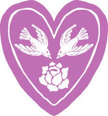 illustration of heart-shape frame with rose and birds