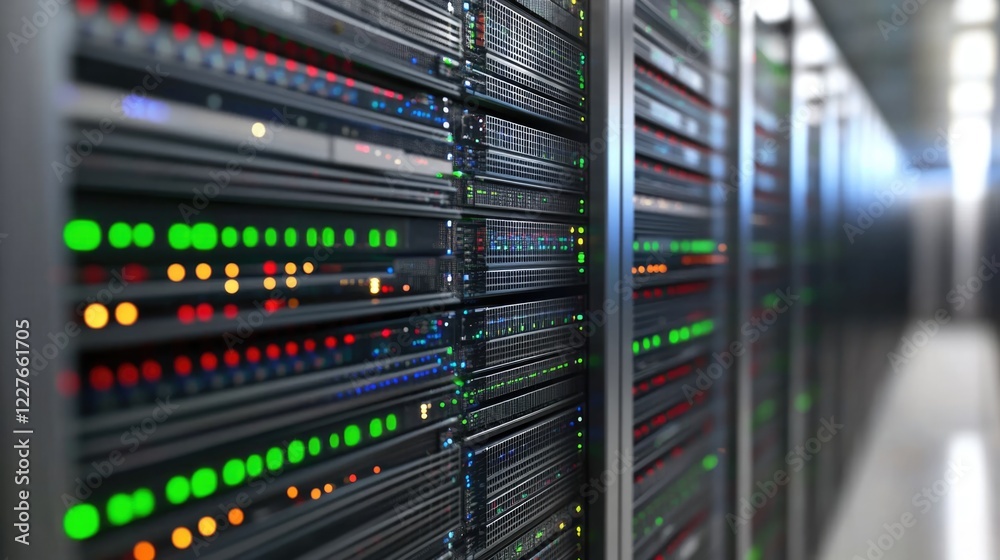 Poster networked digital servers in data center with led indicators for cloud computing and data backup sol