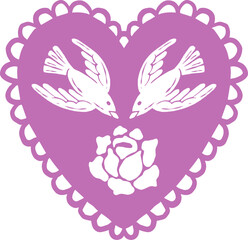 illustration of heart-shape frame with rose and birds