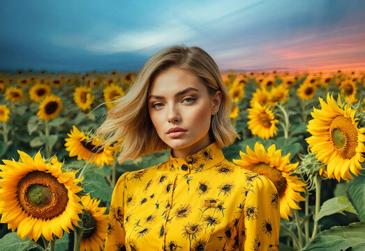 Frau im Sonnenblumenfeld