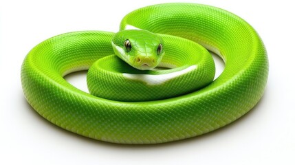 Obraz premium Vibrant Green Snake Coiling on White Background in Natural Habitat Showcasing Unique Wildlife Characteristics