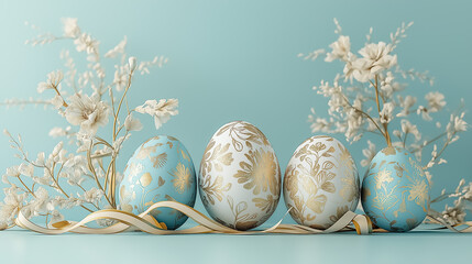 Artistic Easter card layout with pastel blue and gold eggs, soft ribbons and blooming flowers.