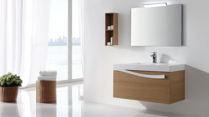 Fototapeta premium Minimalist bathroom design featuring a modern vanity with mirror and elegant storage solutions in a serene, sunlit environment.